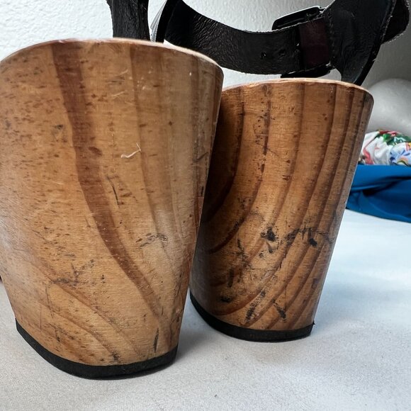 Lisa B Peep Toe Clogs Low Wood Heel Chocolate Brown Leather 40 Boho US 8.5 / 9 - Picture 12 of 13